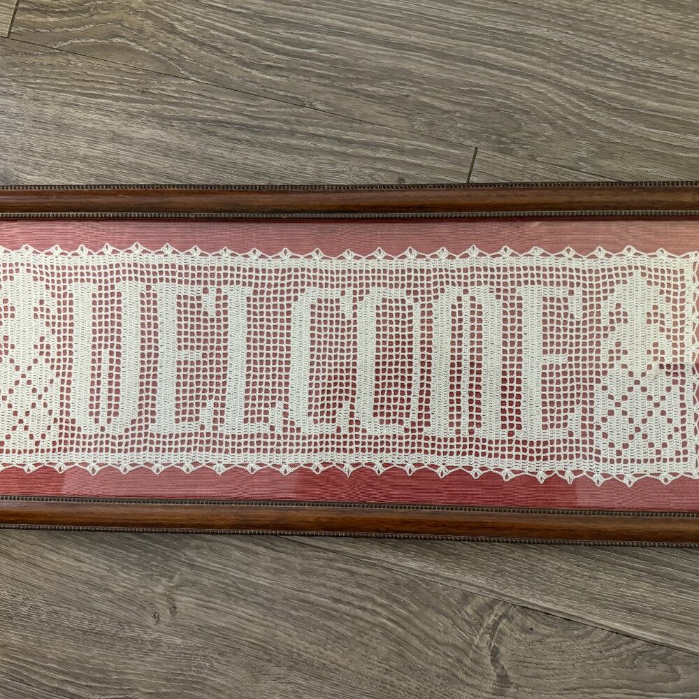 Vintage Wall Decor " Welcome" Crochet  Vintage Wooden Frame 9.5" x 23.5" Country